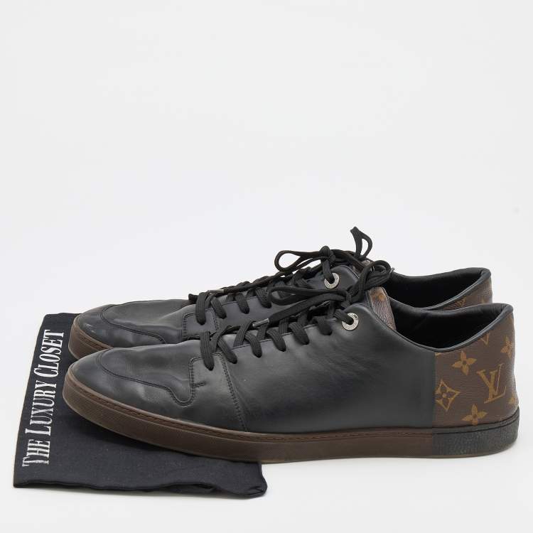 Pre Owned Louis Vuitton Black Leather And Monogram Canvas Line Up Low Top Sneakers Size 46