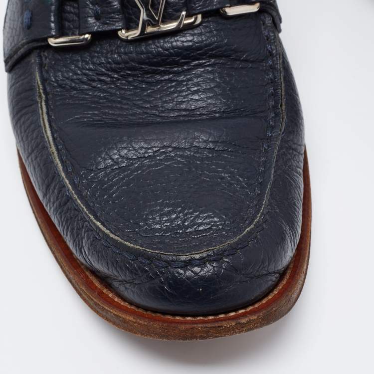 Pre Owned Louis Vuitton Navy Blue Leather Major Loafers Size 43.5 
