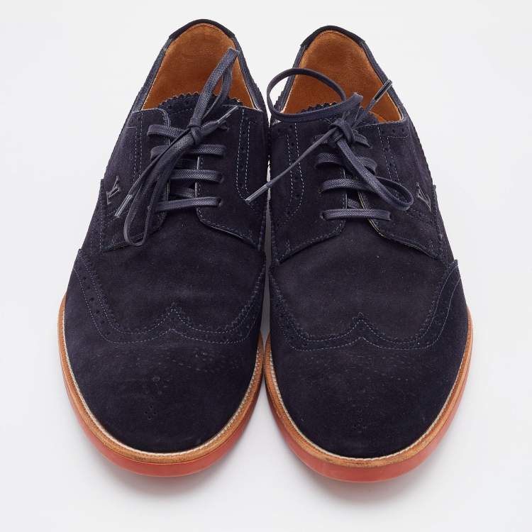 Pre Owned Louis Vuitton Navy Blue Suede Brogue Wingtip Lace Up Derby Size 41.5