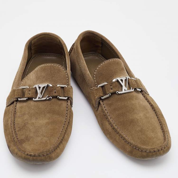 Pre Owned Louis Vuitton Khaki Brown Suede Hockenheim Loafers Size 40.5