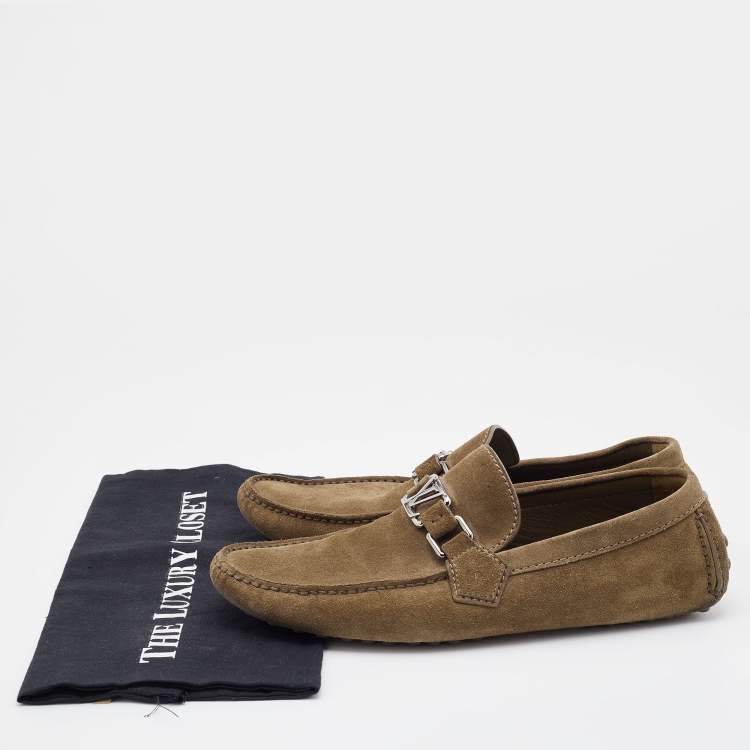 Pre Owned Louis Vuitton Khaki Brown Suede Hockenheim Loafers Size 40.5