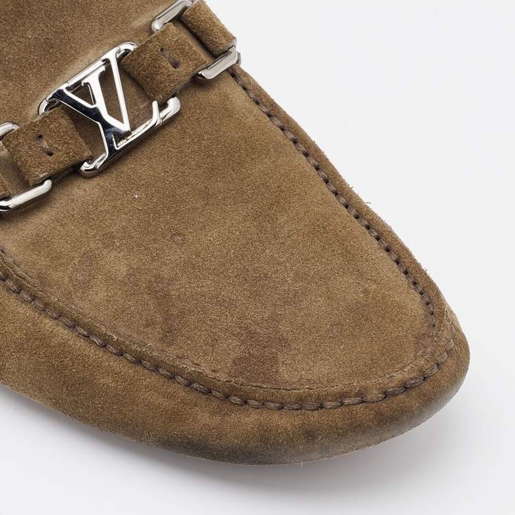 Pre Owned Louis Vuitton Khaki Brown Suede Hockenheim Loafers Size 40.5
