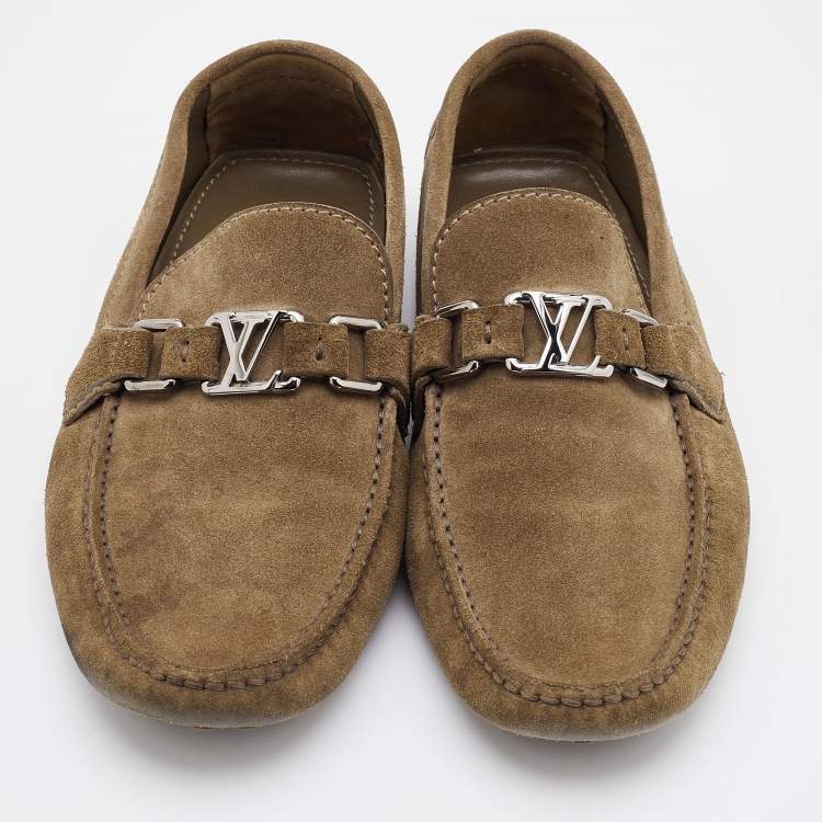 Pre Owned Louis Vuitton Khaki Brown Suede Hockenheim Loafers Size 40.5