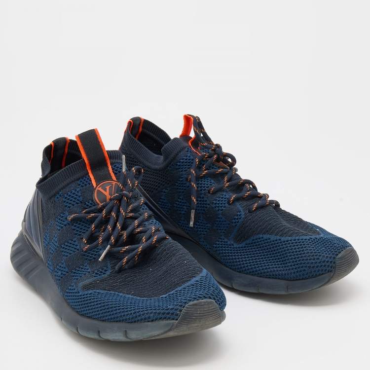 مملوكة مسبقًا Louis Vuitton Navy Blue/Black Damier Knit Fabric Fastlane Low Top Sneakers Size 42.5