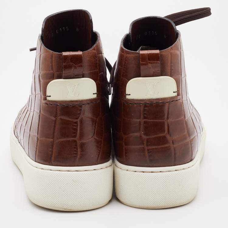 Pre Owned Louis Vuitton Brown Croc Embossed Leather High Top Sneakers Size 42