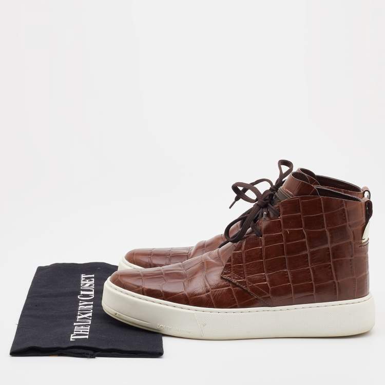 Pre Owned Louis Vuitton Brown Croc Embossed Leather High Top Sneakers Size 42
