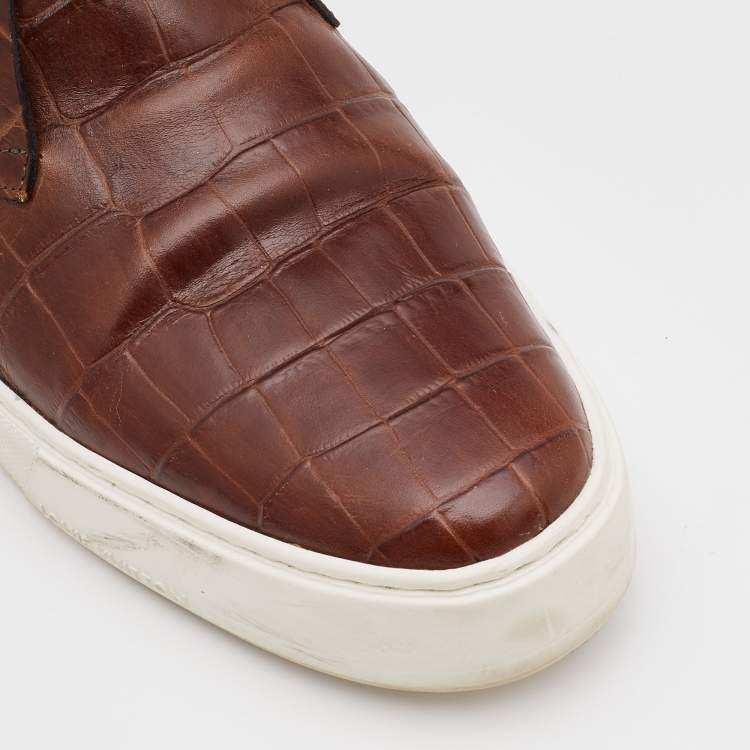 Pre Owned Louis Vuitton Brown Croc Embossed Leather High Top Sneakers Size 42