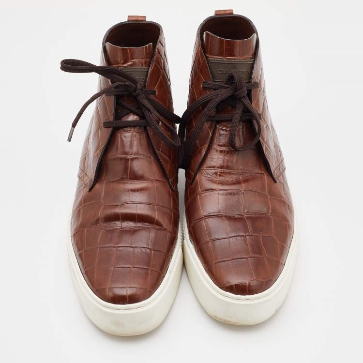 Pre Owned Louis Vuitton Brown Croc Embossed Leather High Top Sneakers Size 42
