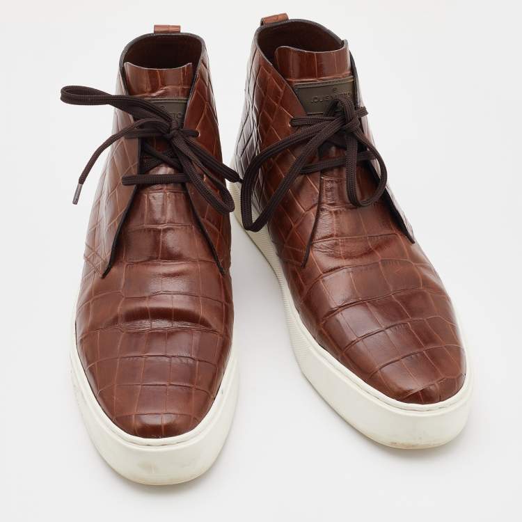 Pre Owned Louis Vuitton Brown Croc Embossed Leather High Top Sneakers Size 42