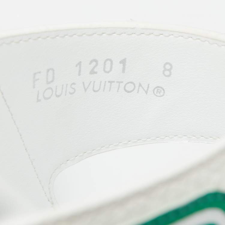 Pre Owned Louis Vuitton White/Green Leather LV Trainer Slides Size 42
