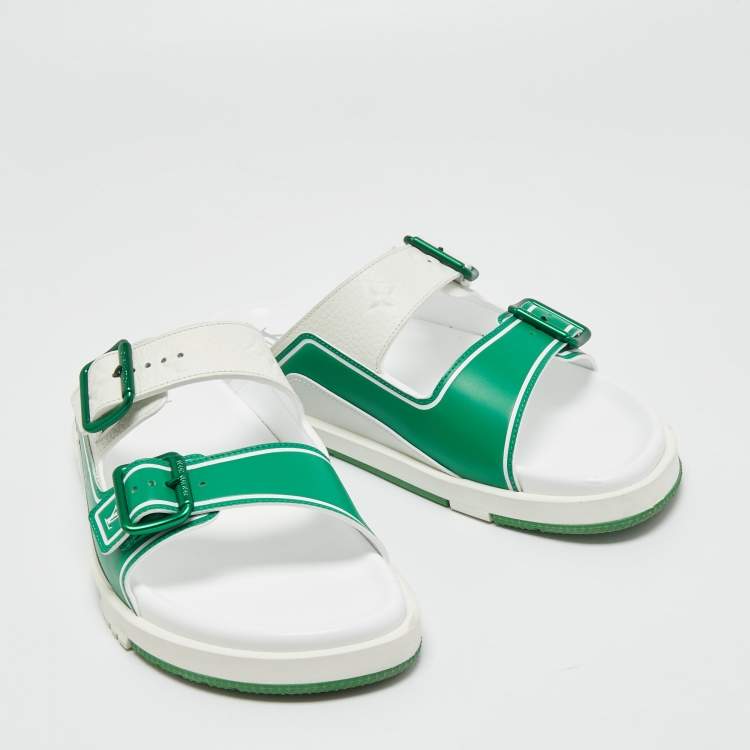 Pre Owned Louis Vuitton White/Green Leather LV Trainer Slides Size 42