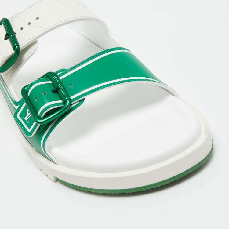 Pre Owned Louis Vuitton White/Green Leather LV Trainer Slides Size 42