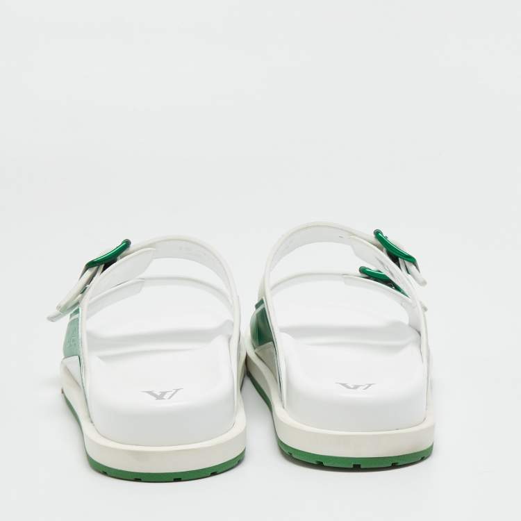 Pre Owned Louis Vuitton White/Green Leather LV Trainer Slides Size 42