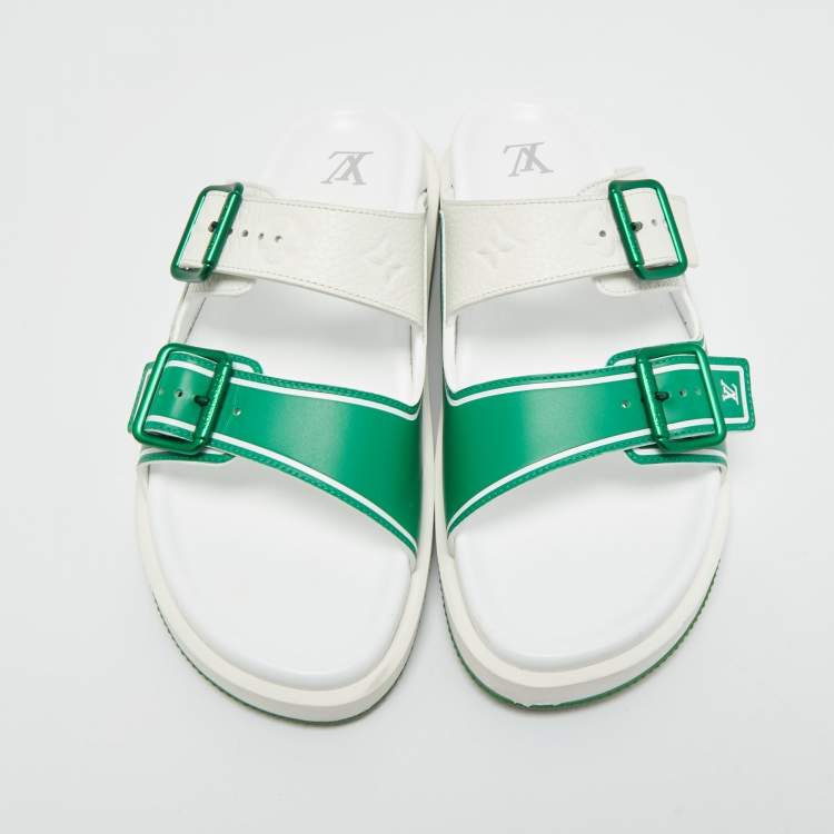 Pre Owned Louis Vuitton White/Green Leather LV Trainer Slides Size 42