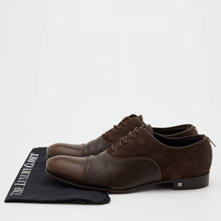 Pre Owned Louis Vuitton Dark Brown Leather and Suede Lace Up Oxfords Size 42