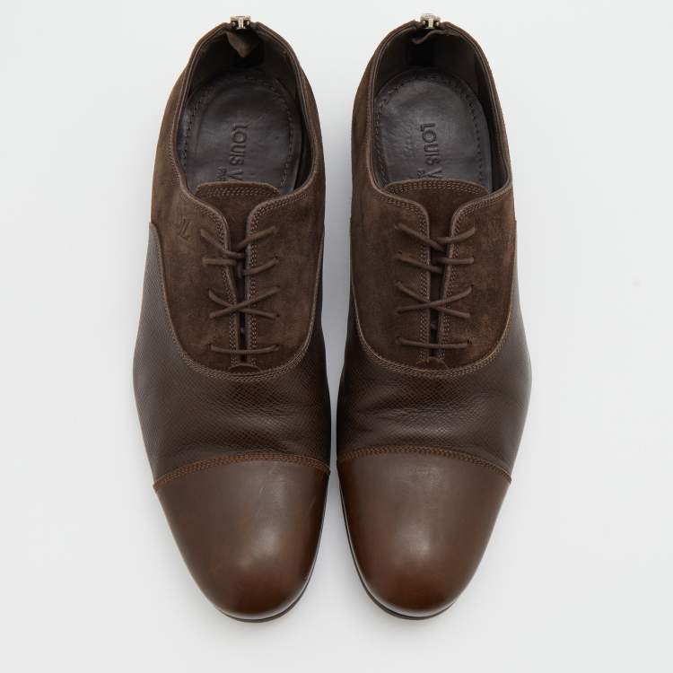 Pre Owned Louis Vuitton Dark Brown Leather and Suede Lace Up Oxfords Size 42