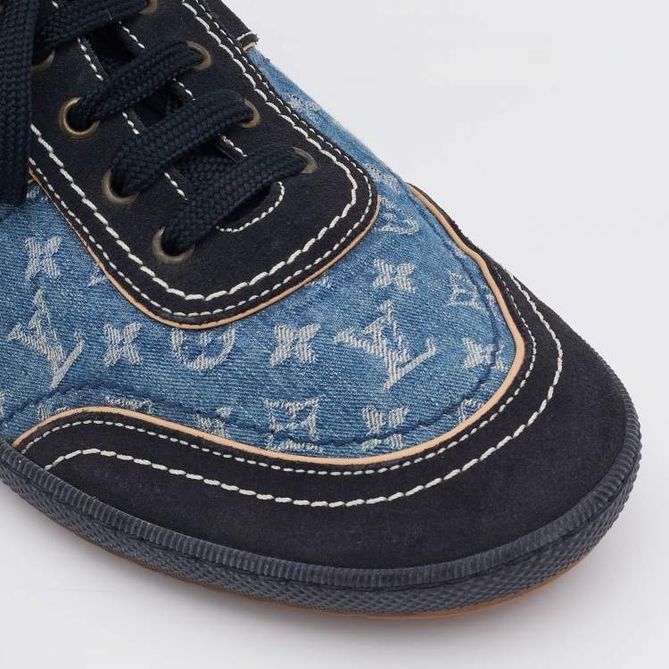 Pre Owned Louis Vuitton Blue/Black Monogram Denim and Suede Low Top Sneakers Size 42
