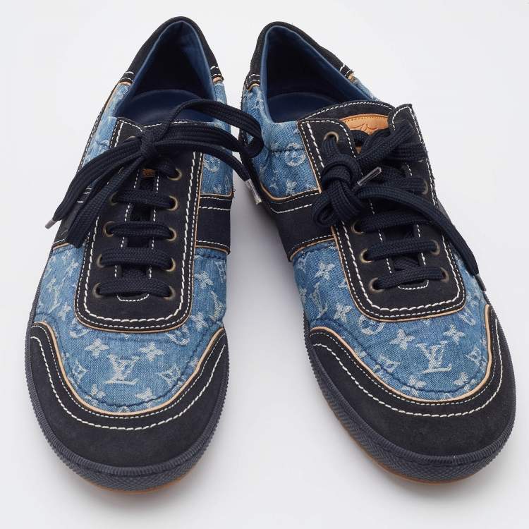 Pre Owned Louis Vuitton Blue/Black Monogram Denim and Suede Low Top Sneakers Size 42