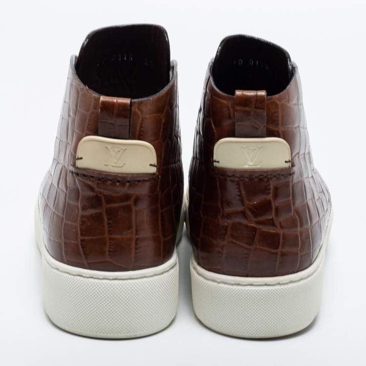 Pre Owned Louis Vuitton Brown Croc Embossed Leather Front Row  Sneakers Size 42.5