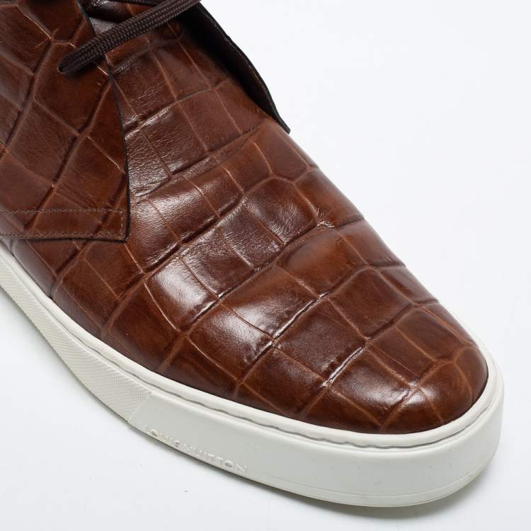 Pre Owned Louis Vuitton Brown Croc Embossed Leather Front Row  Sneakers Size 42.5