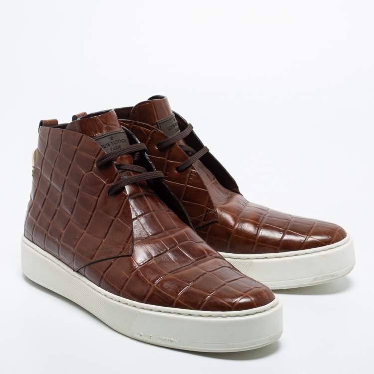 Pre Owned Louis Vuitton Brown Croc Embossed Leather Front Row  Sneakers Size 42.5
