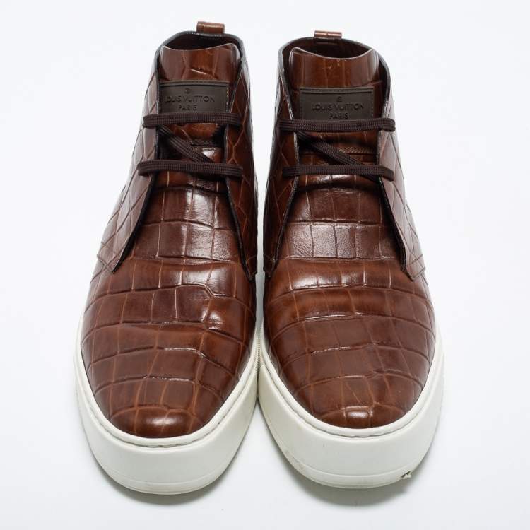 Pre Owned Louis Vuitton Brown Croc Embossed Leather Front Row  Sneakers Size 42.5