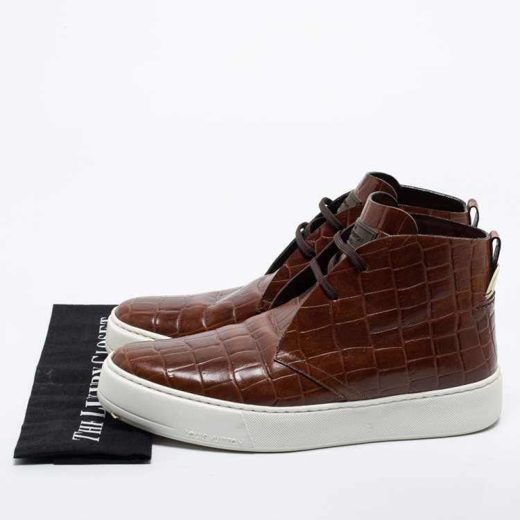 Pre Owned Louis Vuitton Brown Croc Embossed Leather Front Row  Sneakers Size 42.5