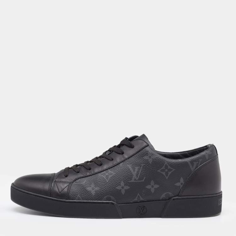 Pre Owned Louis Vuitton Black Leather and Monogram Eclipse Canvas Low Top Sneakers Size 42.5