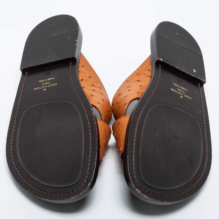Pre Owned Louis Vuitton Brown Ostrich Leather  Flat Sandals  Size  43.5