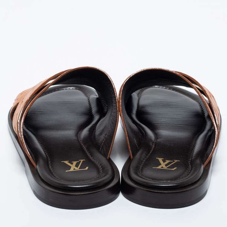 Pre Owned Louis Vuitton Brown Ostrich Leather  Flat Sandals  Size  43.5