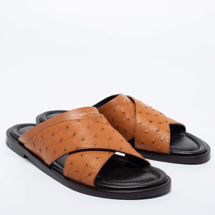 Pre Owned Louis Vuitton Brown Ostrich Leather  Flat Sandals  Size  43.5