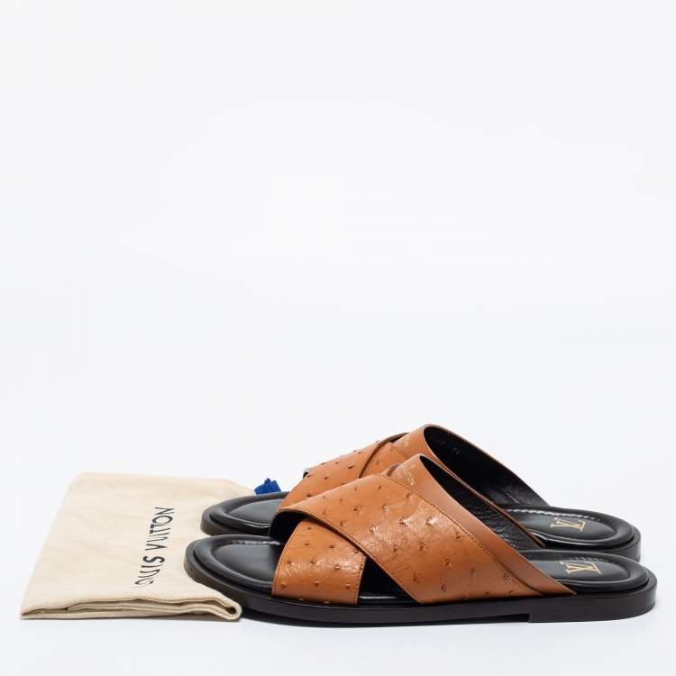 Pre Owned Louis Vuitton Brown Ostrich Leather  Flat Sandals  Size  43.5