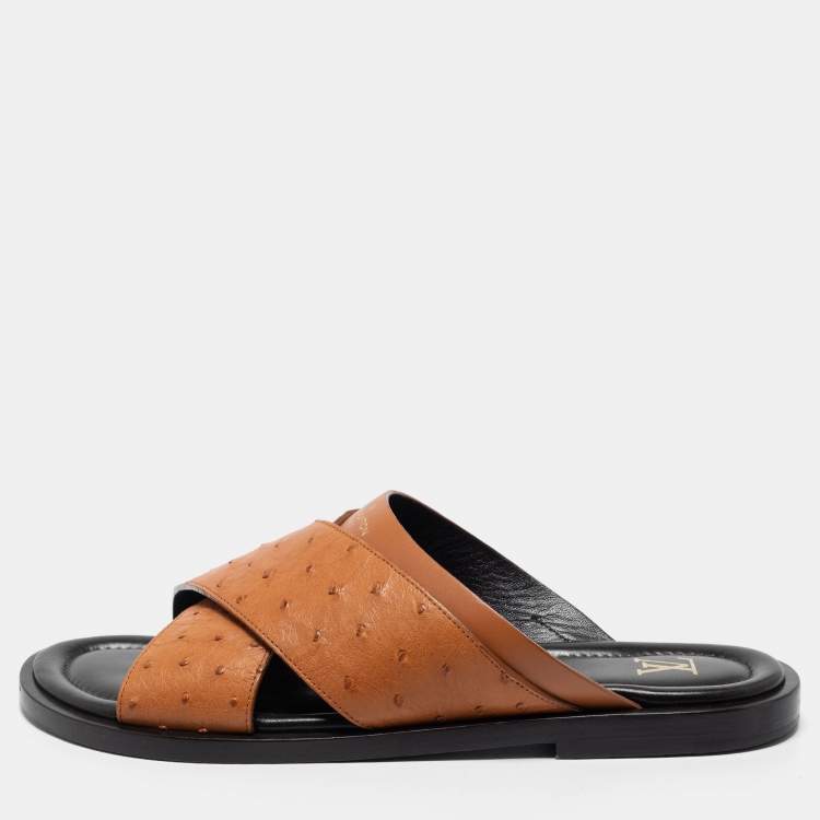 Pre Owned Louis Vuitton Brown Ostrich Leather  Flat Sandals  Size  43.5