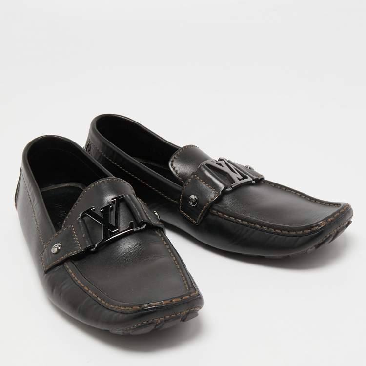 Pre Owned Louis Vuitton Black Leather Monte Carlo Slip on Loafers Size 41.5