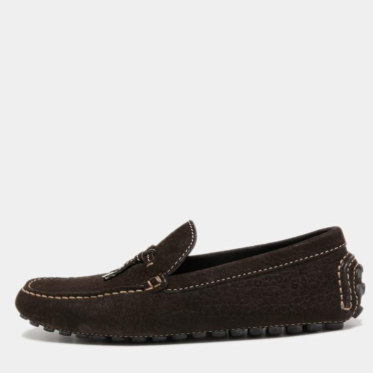 Pre Owned Louis Vuitton Dark Brown Textured Nubuck Leather Bow Loafers Size 41