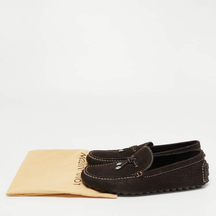 Pre Owned Louis Vuitton Dark Brown Textured Nubuck Leather Bow Loafers Size 41