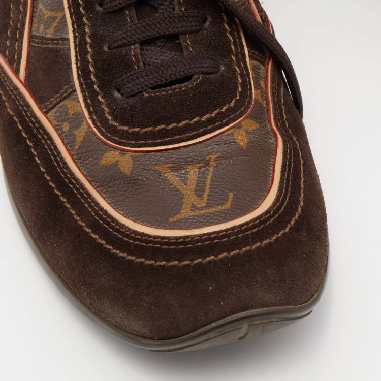 Pre Owned Louis Vuitton Monogram Canvas and Suede Globe Trotter Low Top Sneakers Size 45