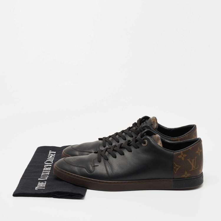 Pre Owned Louis Vuitton Black Leather and Monogram Canvas Low Top Sneakers Size 43.5 