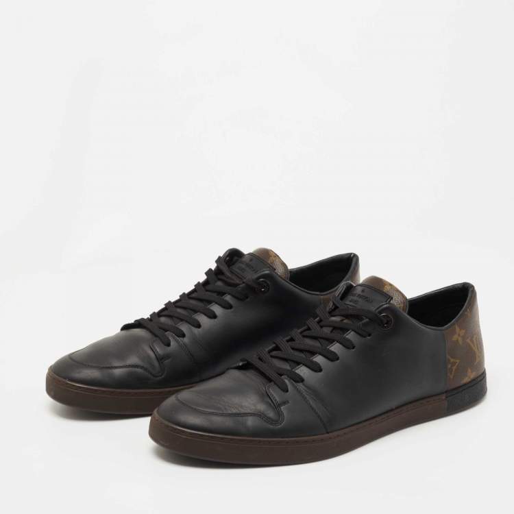 Pre Owned Louis Vuitton Black Leather and Monogram Canvas Low Top Sneakers Size 43.5 