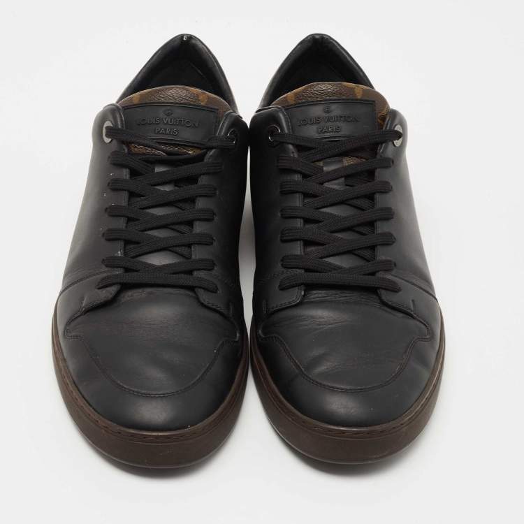 Pre Owned Louis Vuitton Black Leather and Monogram Canvas Low Top Sneakers Size 43.5 