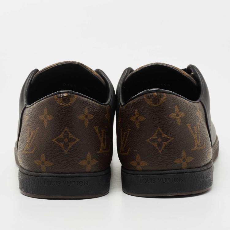 Pre Owned Louis Vuitton Black Leather and Monogram Canvas Low Top Sneakers Size 43.5 