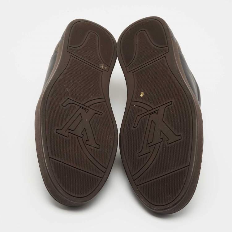 Pre Owned Louis Vuitton Black Leather and Monogram Canvas Low Top Sneakers Size 43.5 