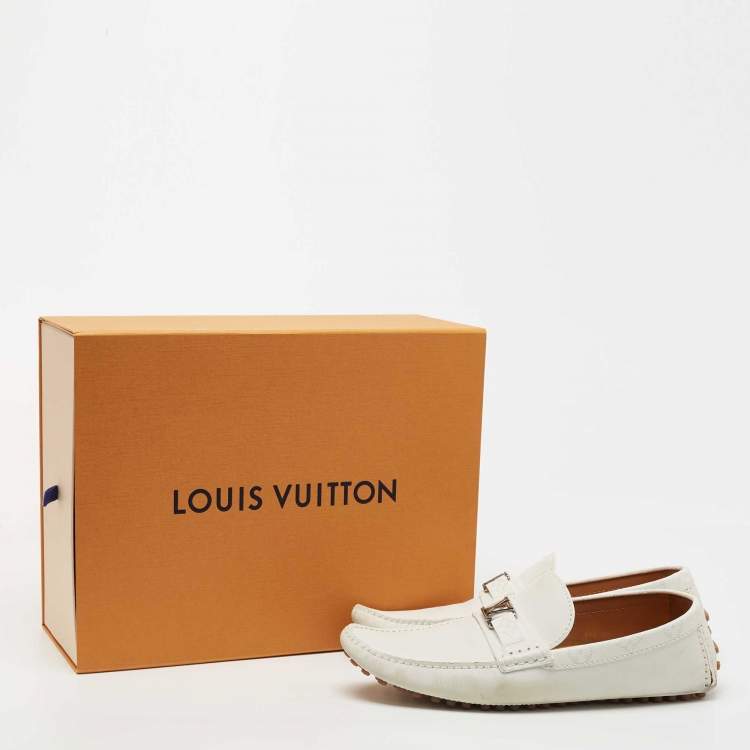 Pre Owned Louis Vuitton White Leather and Monogram Canvas  Hockeinheim Loafers Size 43.5 