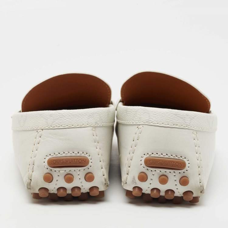 Pre Owned Louis Vuitton White Leather and Monogram Canvas  Hockeinheim Loafers Size 43.5 