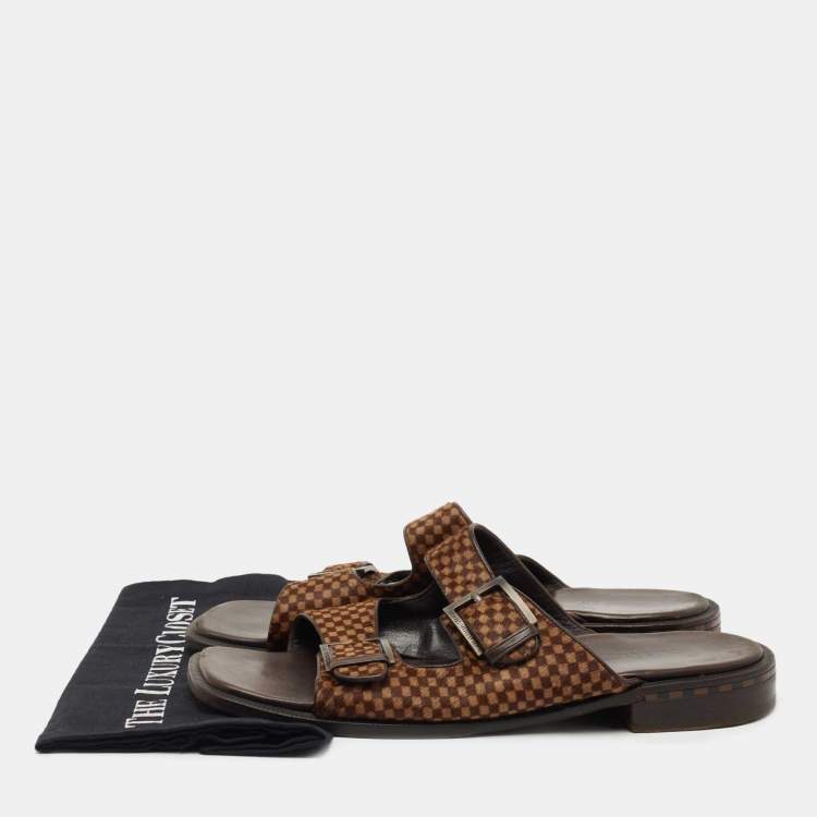Pre Owned Louis Vuitton Brown Leather and Calf Hair Double Buckle Sandals Size 44