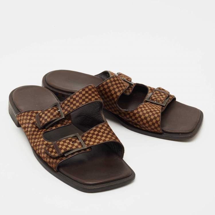 Pre Owned Louis Vuitton Brown Leather and Calf Hair Double Buckle Sandals Size 44