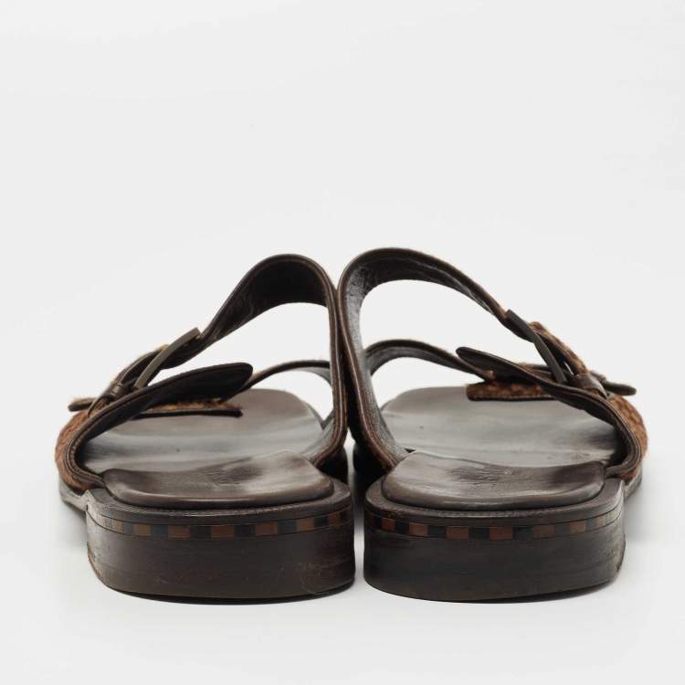 Pre Owned Louis Vuitton Brown Leather and Calf Hair Double Buckle Sandals Size 44