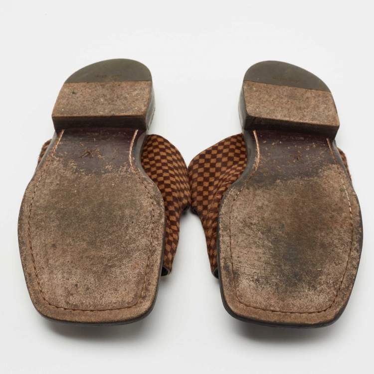 Pre Owned Louis Vuitton Brown Leather and Calf Hair Double Buckle Sandals Size 44