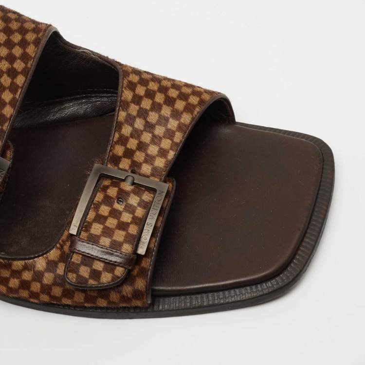 Pre Owned Louis Vuitton Brown Leather and Calf Hair Double Buckle Sandals Size 44