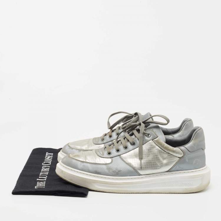 Pre Owned Louis Vuitton Silver Monogram Nylon and Canvas Low Top Sneakers Size 41